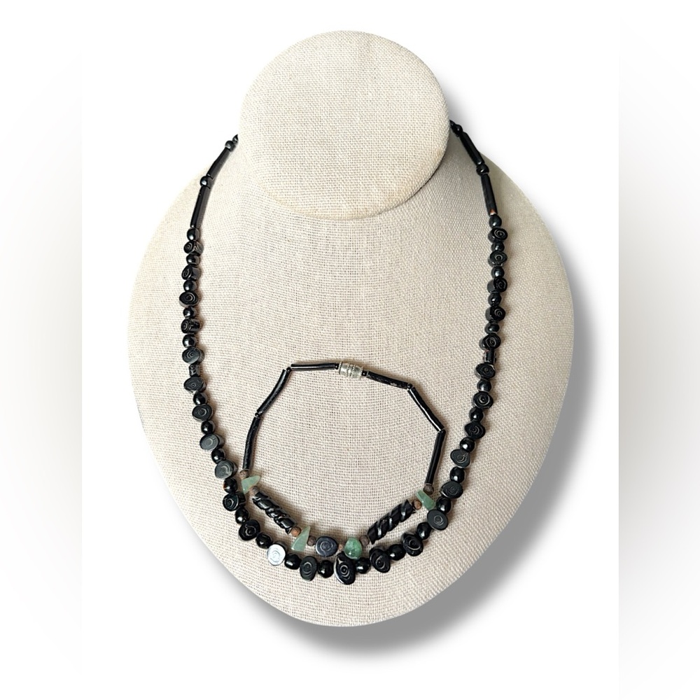 Black Coral & Green Aventurine Necklace & Bracelet Set | Boho Tribal Jewelry